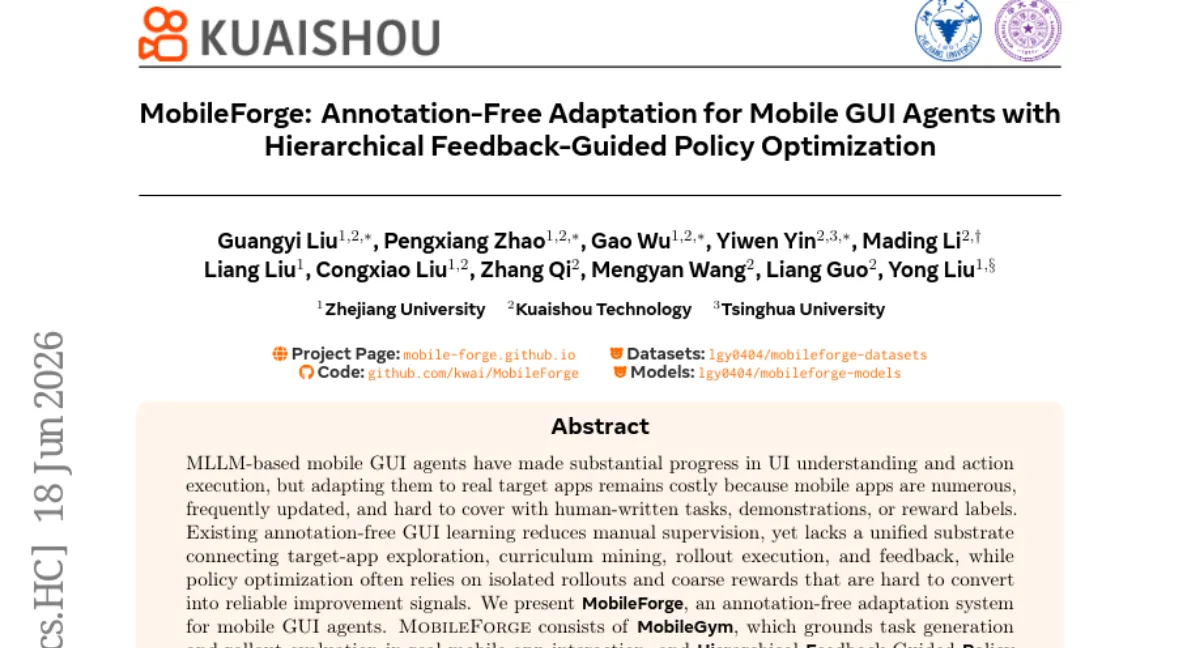 MobileForge: 주석 없이 모바일 GUI 에이전트 적응 — AndroidWorld 67.2% Pass@3