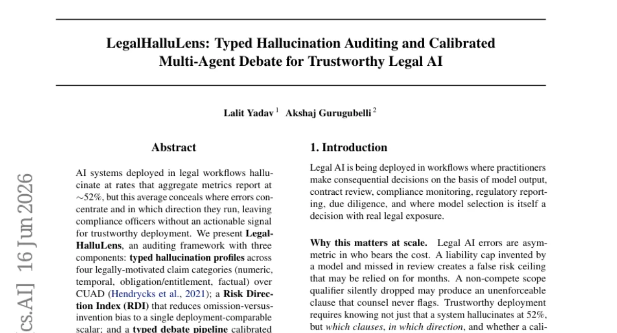 LegalHalluLens: 법률 AI 환각을 유형·방향별로 진단하는 감사 프레임워크 — CUAD 52% 환각률 내 38~40pp 차이 발견