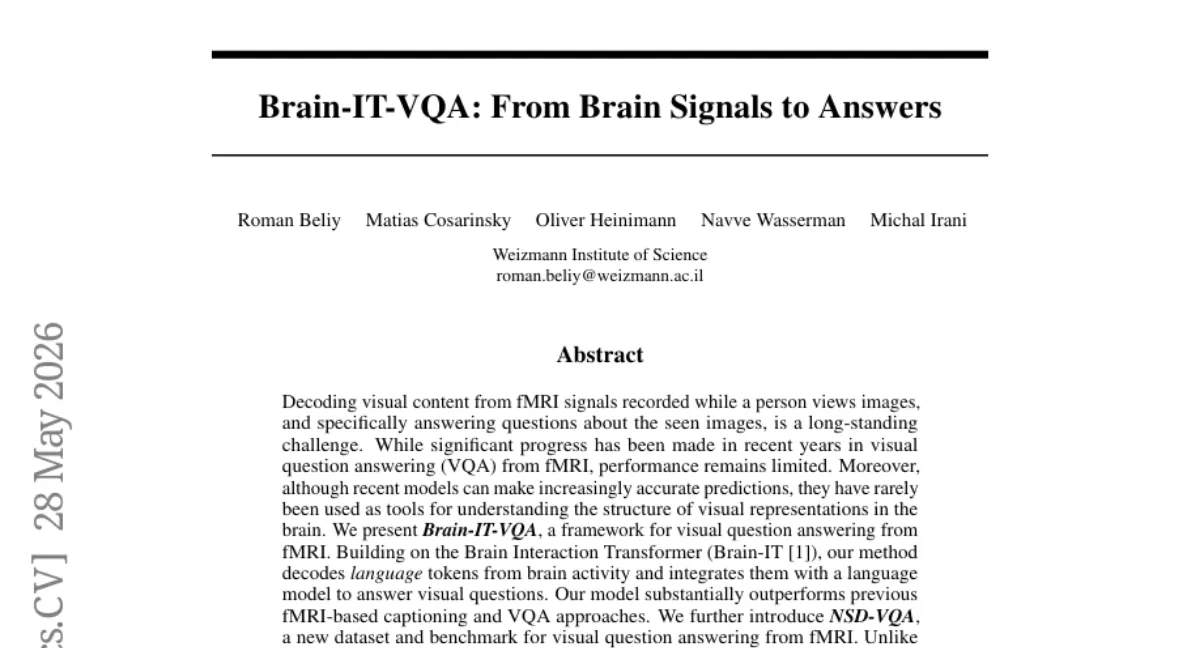 Weizmann Brain-IT-VQA — fMRI 시각 질의응답 정확도 2배 향상, NSD-VQA 벤치마크 공개