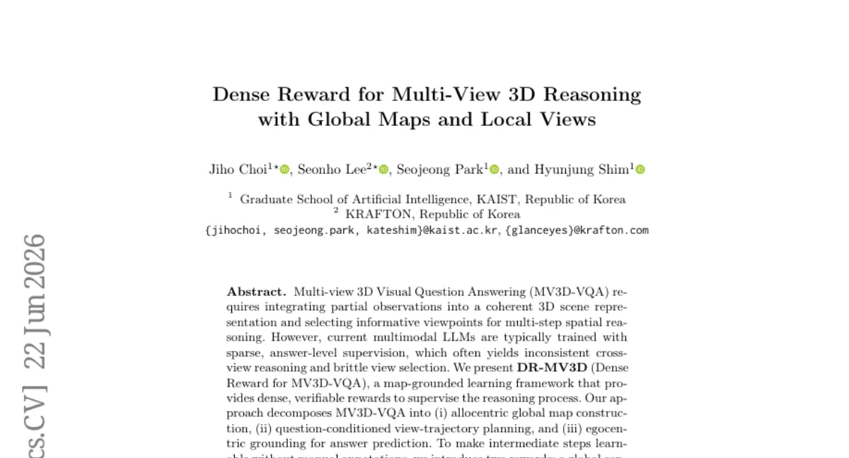 KAIST, 다중 뷰 3D VQA를 위한 밀집 보상 학습 프레임워크 DR-MV3D 공개