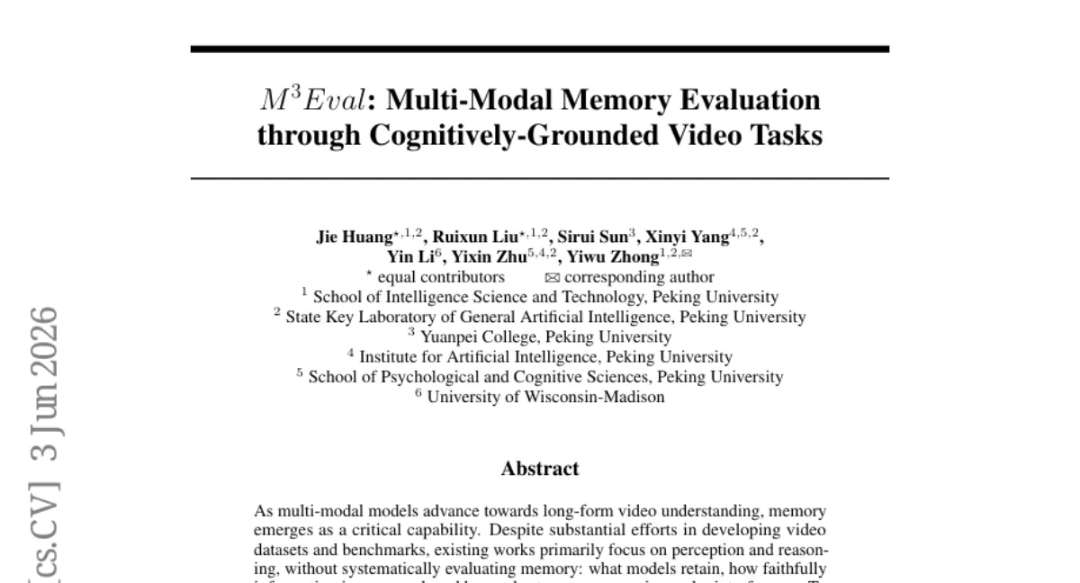 M^3Eval: 멀티모달 모델의 기억 능력 평가 프레임워크 — 공간 기억은 강하나 시간·간섭에 취약