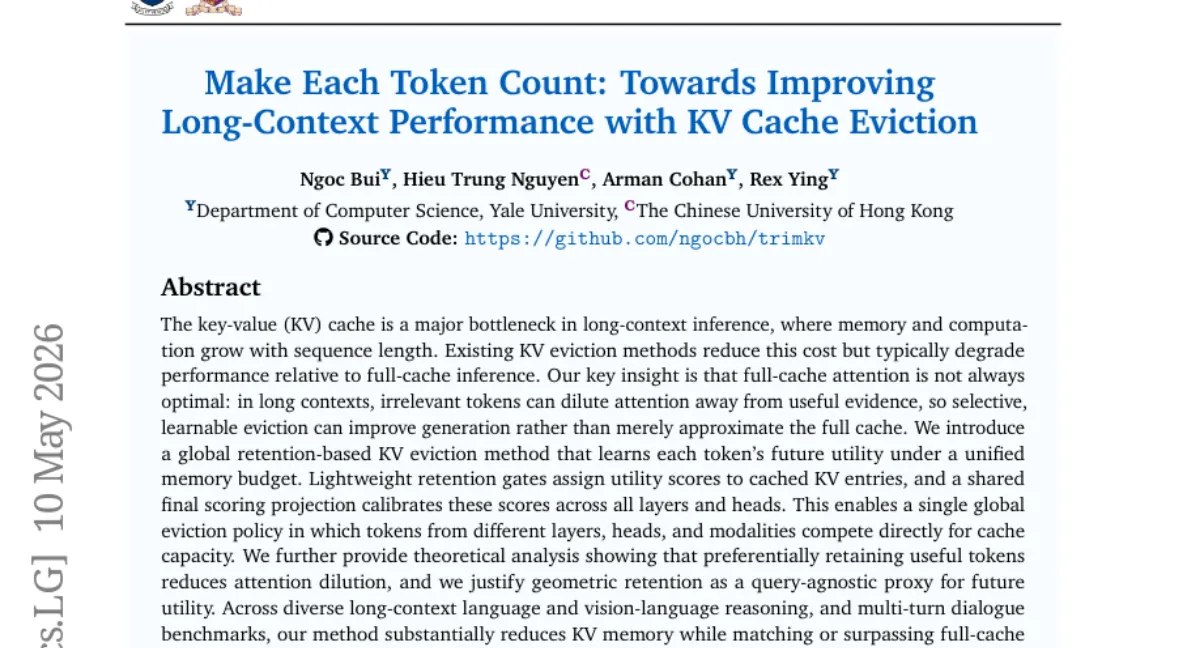Yale, 글로벌 학습 기반 KV eviction — 전체 캐시보다 성능 개선