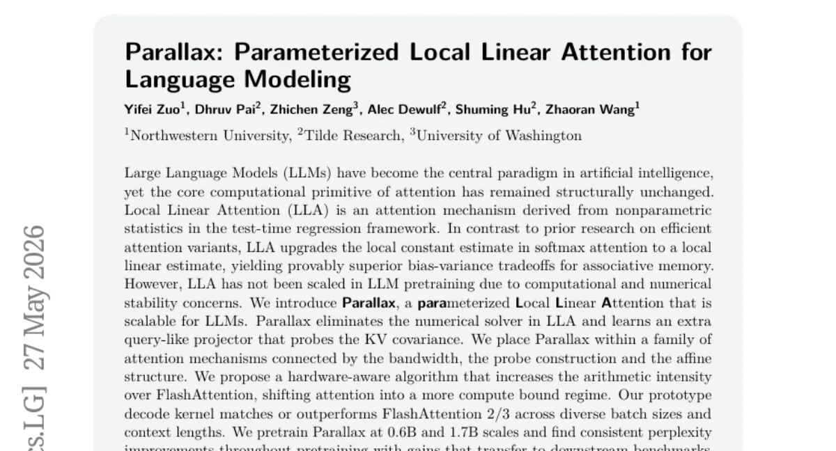 Northwestern, LLM 사전학습 가능한 Local Linear Attention 'Parallax' 공개 — 1.7B에서 perplexity 개선