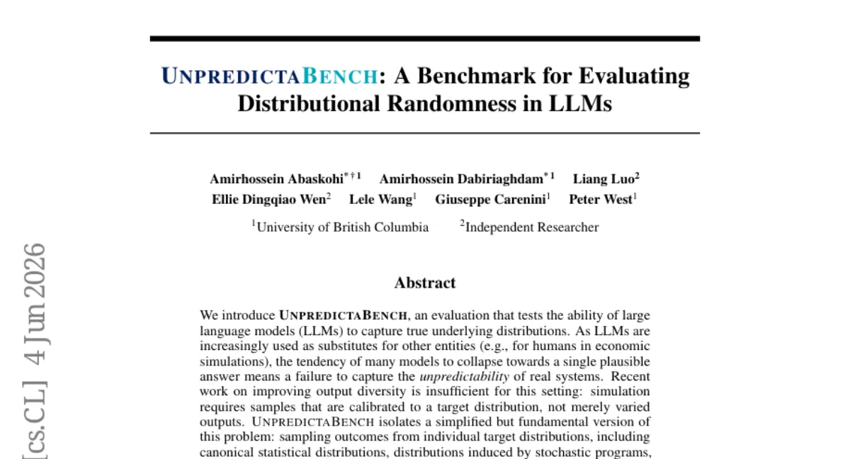 UBC, LLM의 분포 샘플링 능력 평가 벤치마크 UnpredictaBench 공개 — KS@100 최고 20%