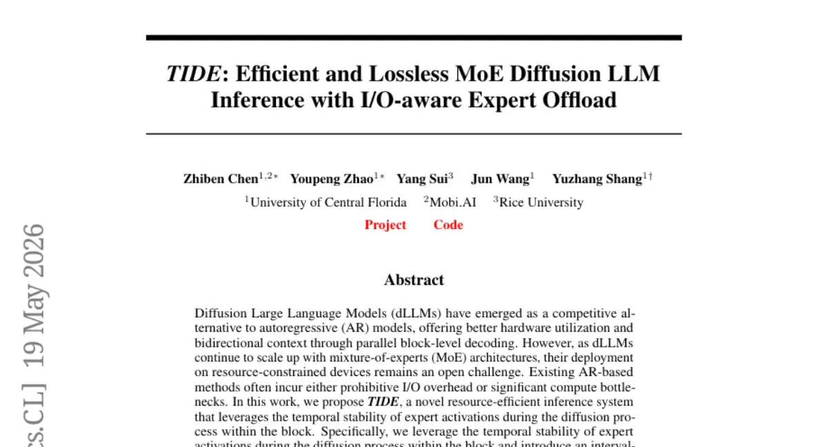 TIDE: MoE dLLM 추론 가속 — I/O 인식 전문가 갱신으로 최대 1.5x throughput