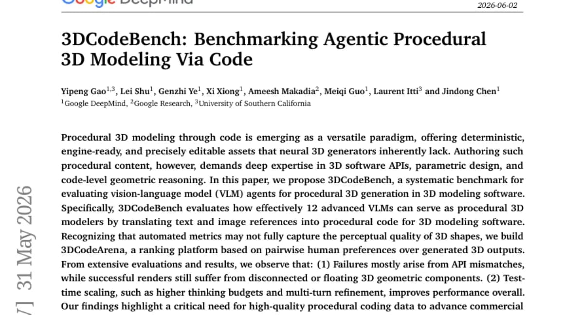 DeepMind, VLM 기반 절차적 3D 모델링 벤치마크 3DCodeBench 공개 — 12개 모델 평가 결과 API 불일치가 주요 실패 원인