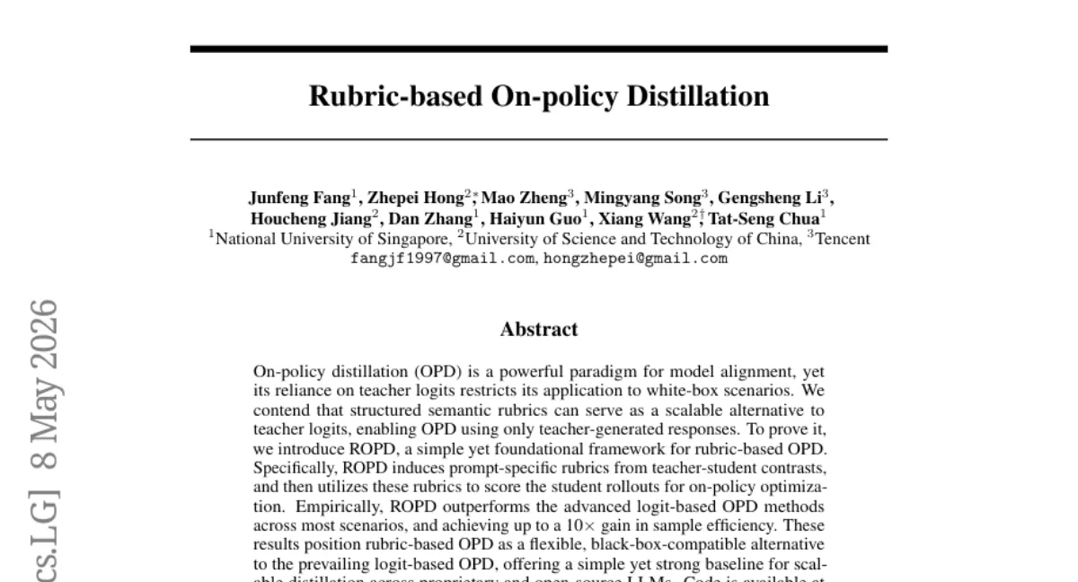 ROPD: Teacher logit 없이 rubric 만으로 on-policy distillation — 샘플 효율 10x 개선