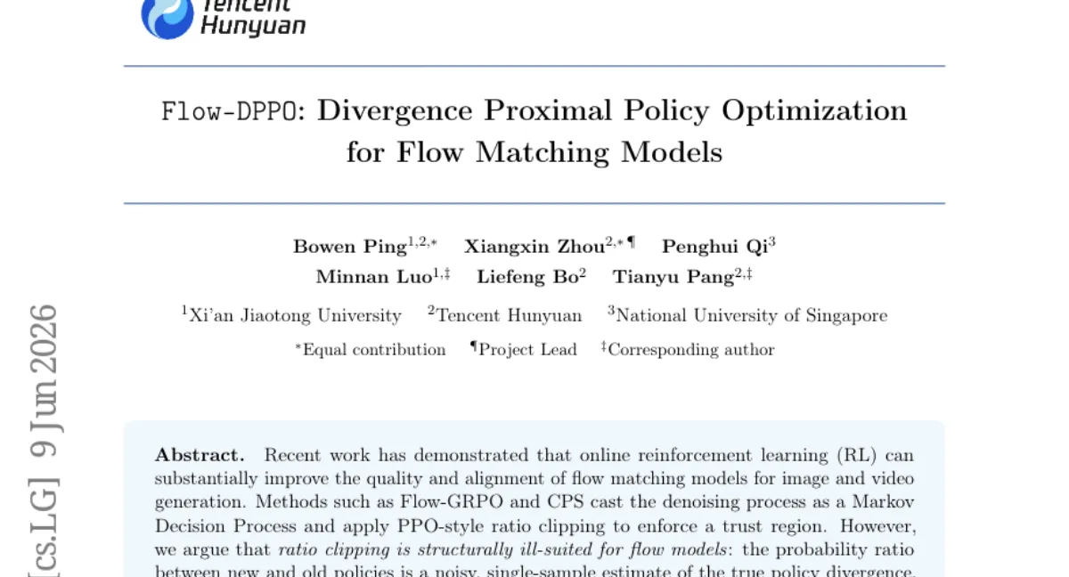 Tencent, flow matching RL 에서 ratio clipping 대신 KL divergence proximal 제약 — Flow-DPPO