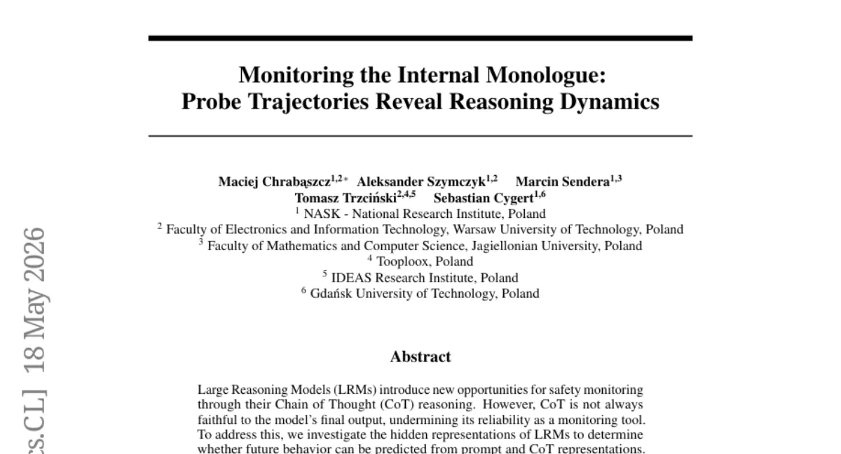 LRM의 CoT 모니터링 신뢰성 개선 — probe trajectory로 미래 행동 예측, AUROC 95%