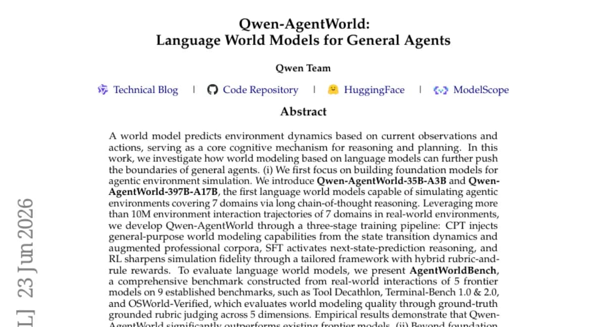Qwen, 언어 세계 모델로 7개 도메인 에이전트 환경 시뮬레이션 — 35B/397B 모델 공개