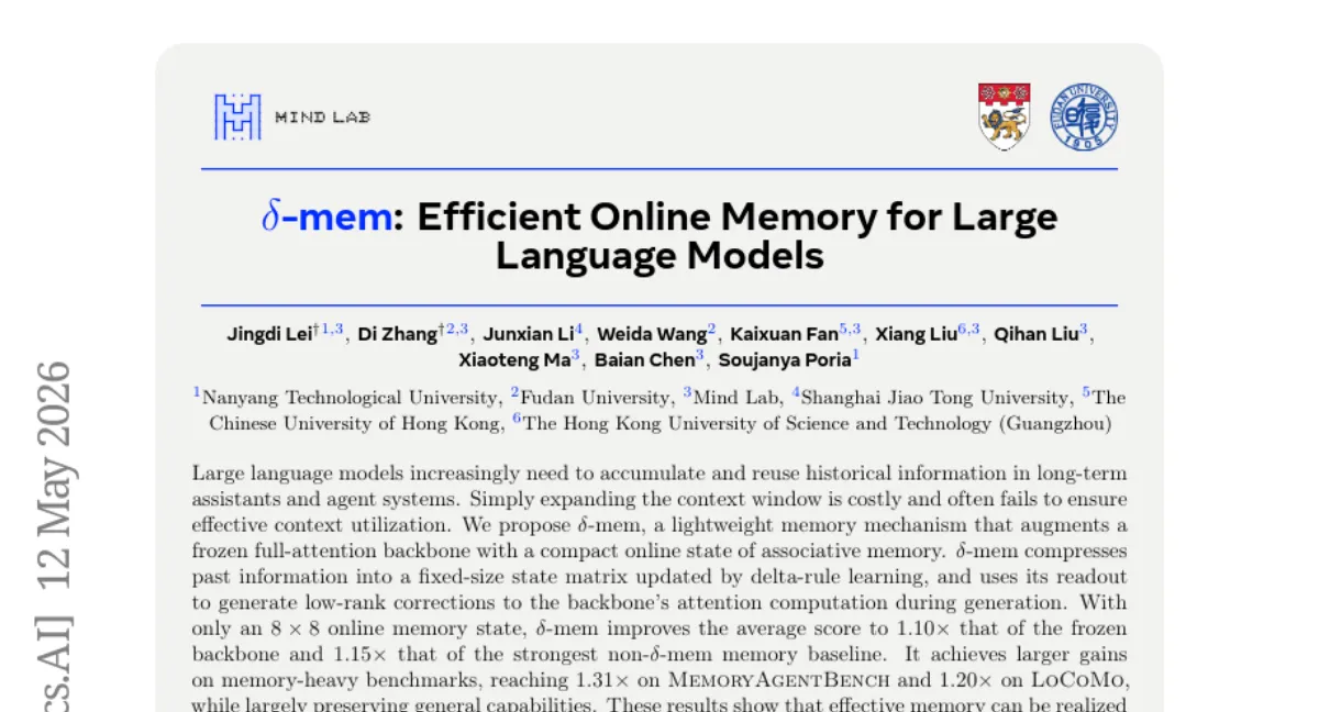 δ-mem: 8×8 온라인 메모리로 frozen LLM 성능 1.10배 향상