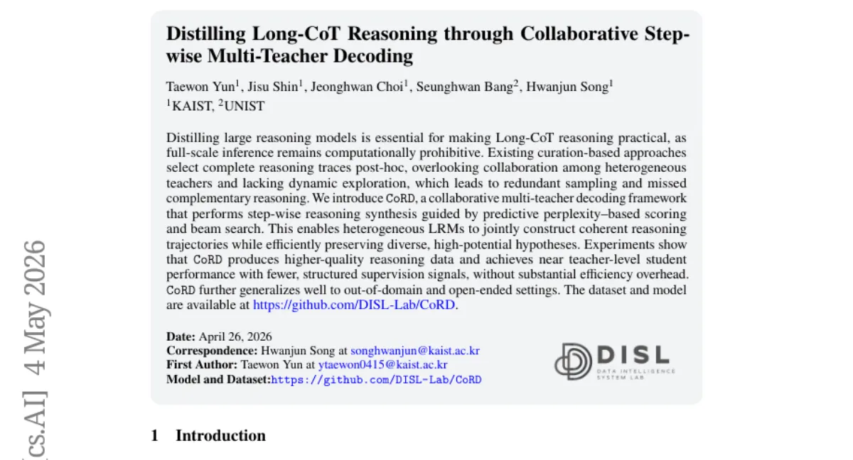 CoRD: 다중 교사 디코딩으로 Long-CoT 추론 증류 — 학생 모델 성능 교사 수준 근접