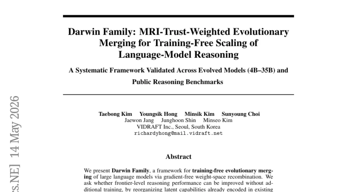 Darwin Family: 학습 없는 진화적 모델 병합 — GPQA Diamond 86.9% 달성