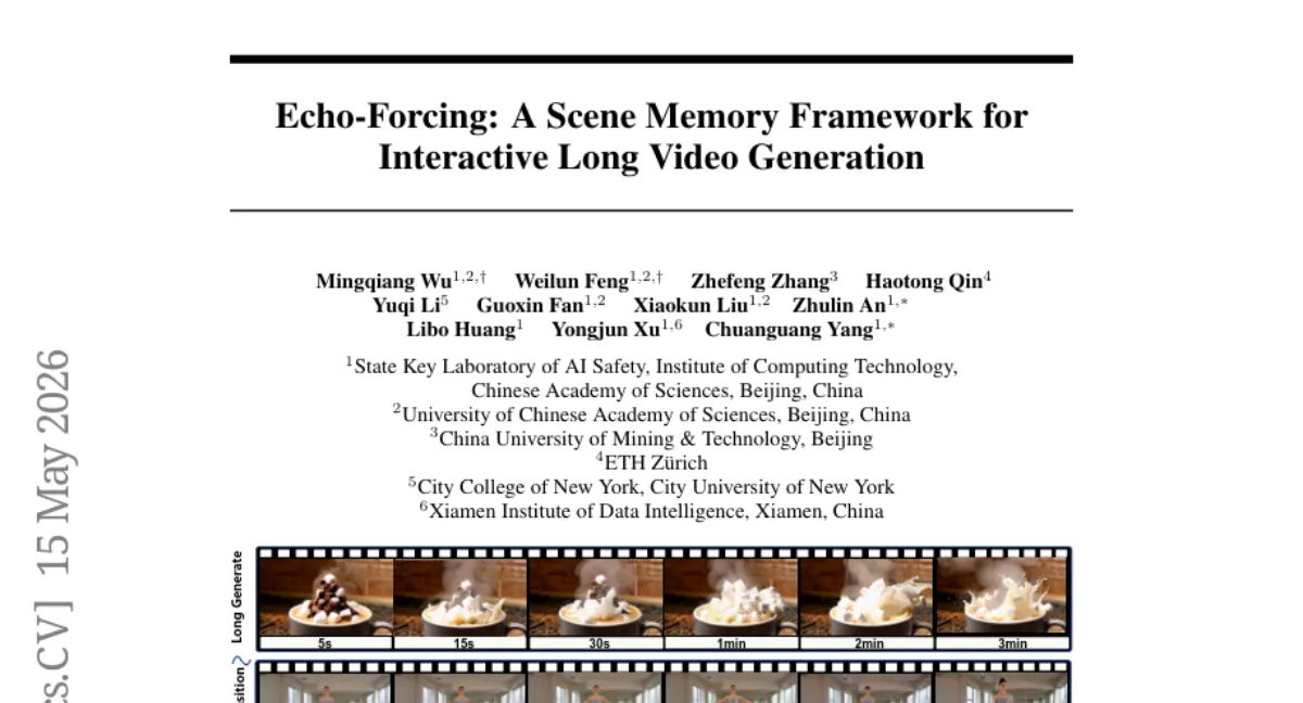 Echo-Forcing: 학습 없는 장면 메모리 프레임워크로 대화형 긴 영상 생성 — VBench-Long 최고 성능