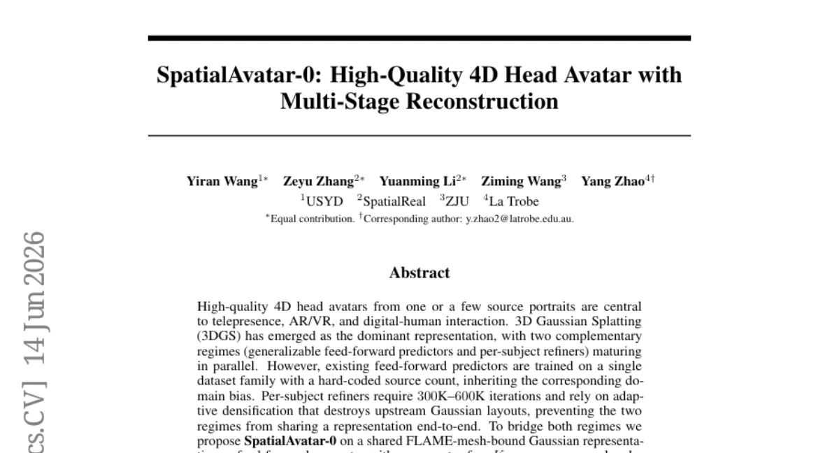 SpatialAvatar-0: FLAME-기반 3DGS로 4D 헤드 아바타 생성, feed-forward와 per-subject refinement 통합