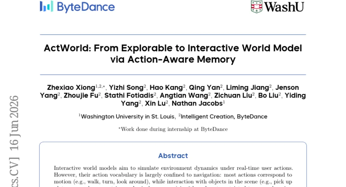 ByteDance ActWorld — 내비게이션+객체 조작 통합한 인터랙티브 월드 모델, 100K 비디오 데이터셋 공개