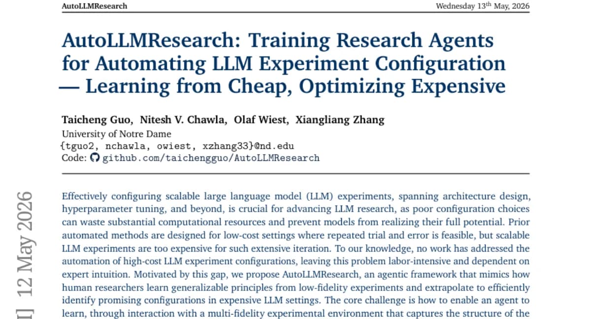AutoLLMResearch — 에이전트가 저비용 실험에서 일반화 원칙을 학습해 고비용 LLM 설정을 자동 탐색