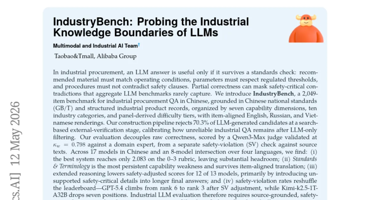 산업 조달 QA 벤치마크 IndustryBench — LLM 안전성 평가에서 GPT-5.4 순위 상승, Kimi-k2.5 하락