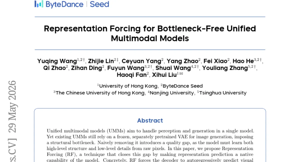 ByteDance Seed, Representation Forcing 제안 — VAE 없이 픽셀 공간 통합 멀티모달 모델, 생성 품질 유지