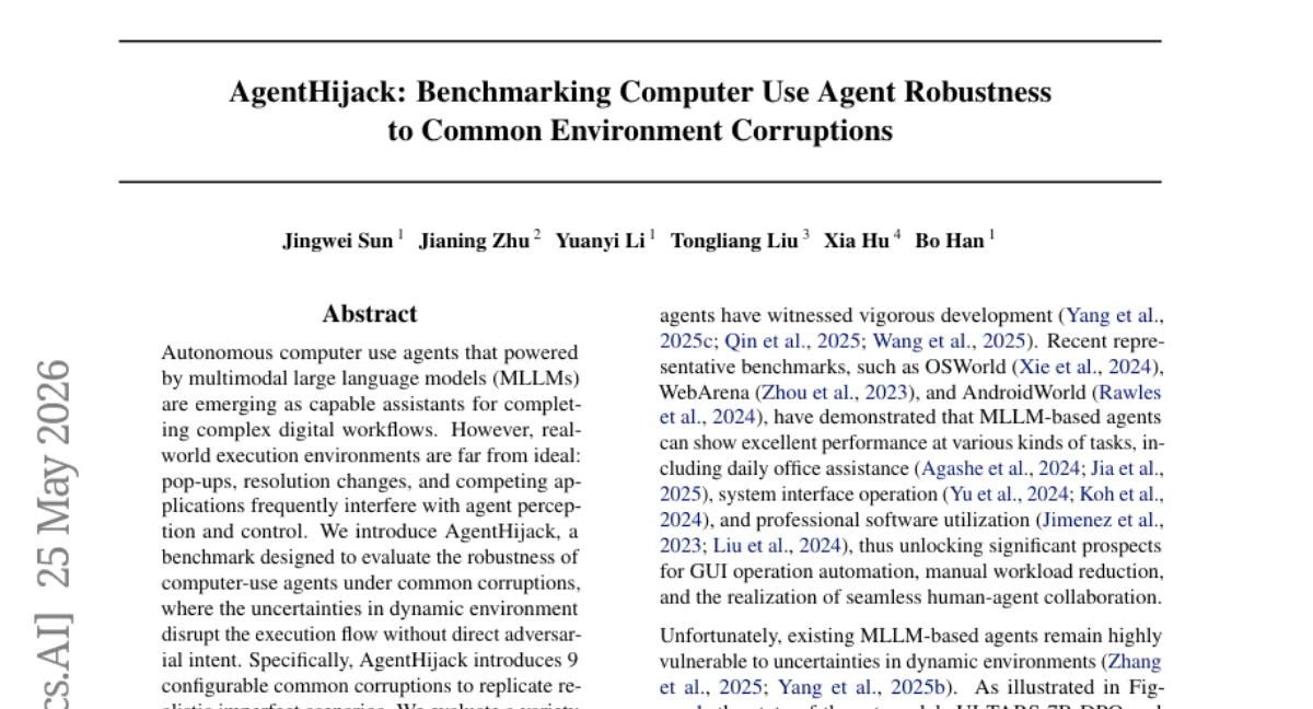 AgentHijack: MLLM 기반 컴퓨터 사용 에이전트의 내구성 평가 벤치마크 — 사소한 UI 오류에도 성능 급락