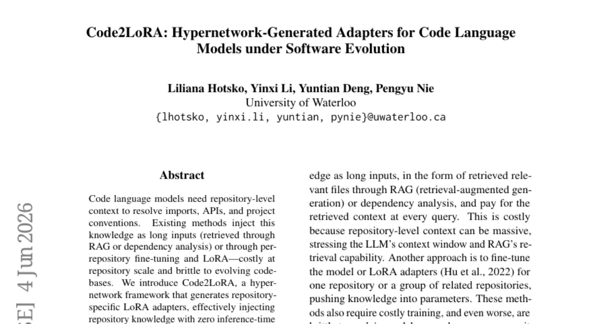 Code2LoRA — 하이퍼네트워크로 저장소 지식을 LoRA 어댑터에 주입, 추론 시 토큰 오버헤드 제로