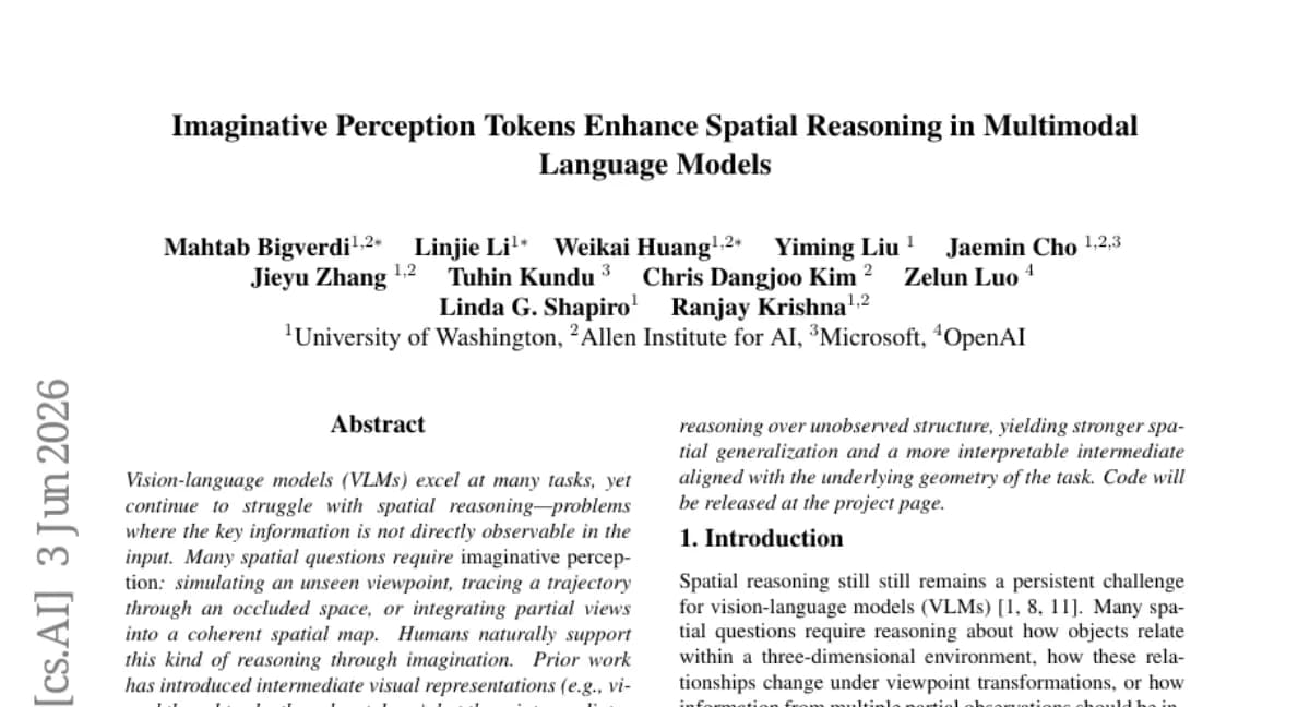 UW, VLM 공간 추론 개선하는 Imaginative Perception Tokens — PET/PT/MVC 벤치에서 최대 3.4% 향상