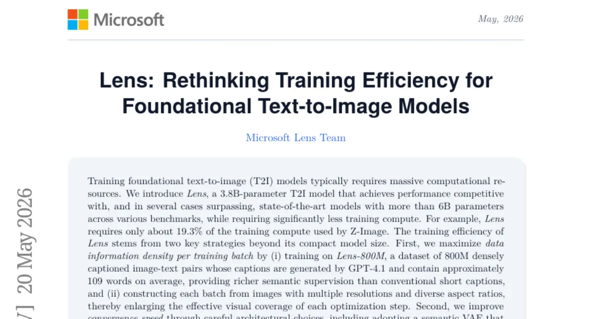Microsoft, 3.8B 파라미터 T2I 모델 Lens 공개 — 6B 이상 모델과 경쟁, 학습 비용 19.3%
