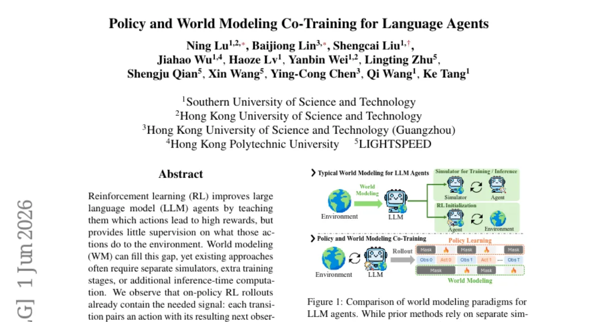 HKUST, RL rollout 만으로 world model 을 함께 학습하는 PaW — agent task 3개 벤치에서 일관된 개선