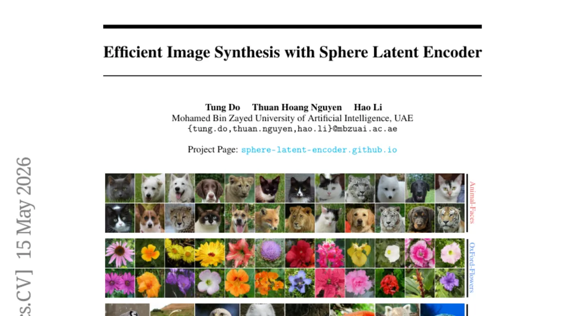 Sphere Encoder 분리로 효율성 개선 — Animal-Faces, Oxford-Flowers, ImageNet-1K에서 생성 품질 및 속도 향상