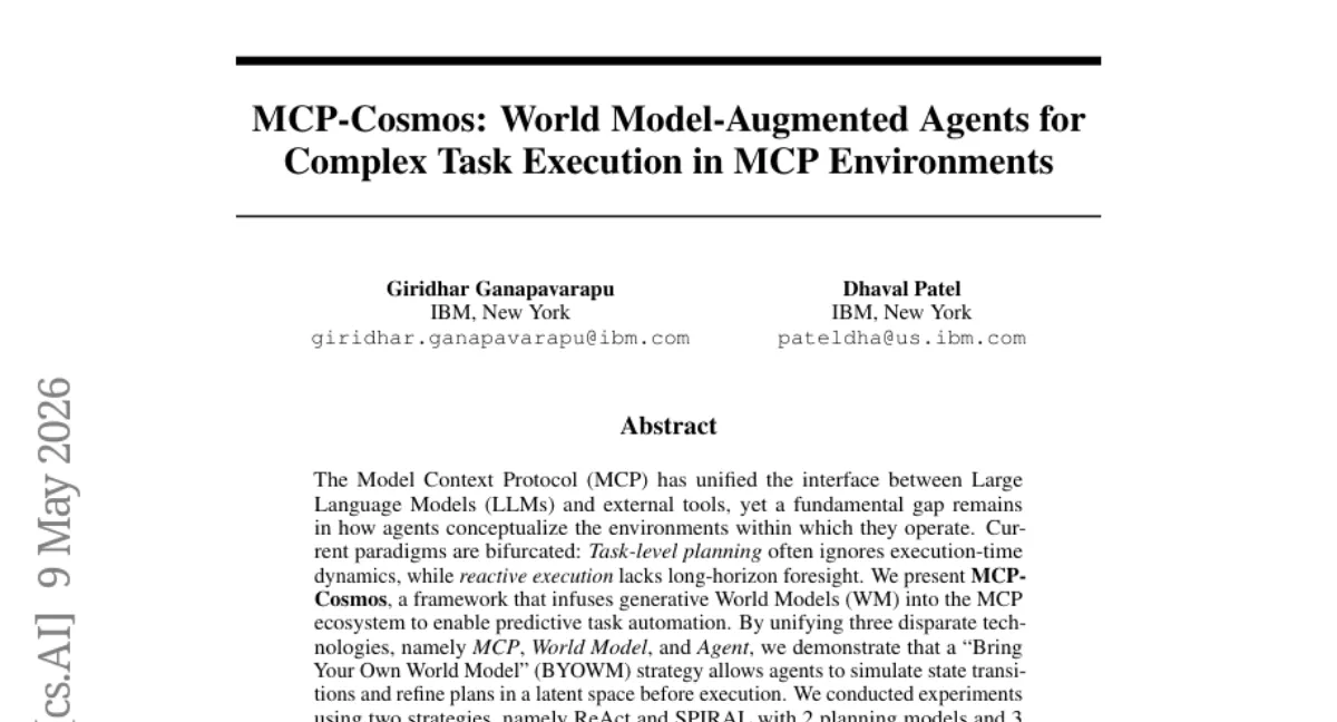 MCP-Cosmos: MCP 생태계에 생성형 World Model 통합 — 20+ 태스크에서 도구 성공률 개선