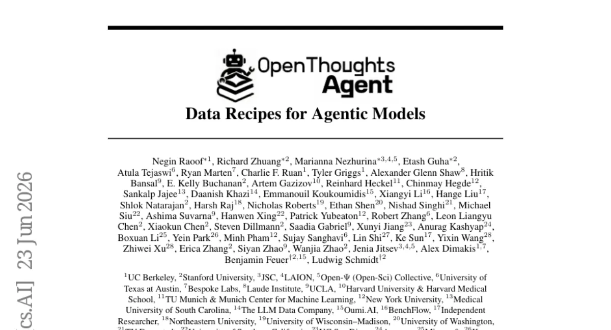 OpenThoughts-Agent: 100K 데이터로 7개 벤치마크 평균 44.8%, 기존 오픈 대비 3.9%p 향상