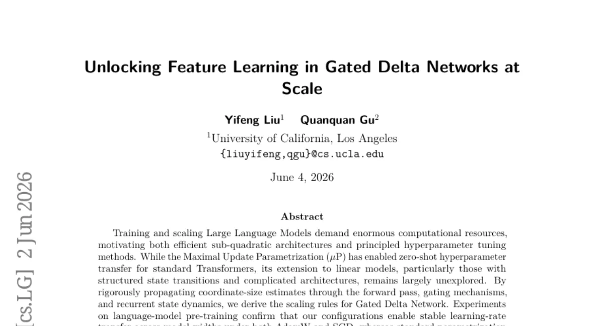 Gated Delta Network 의 μP 확장 — 폭 8배에서도 학습률 전이 성공