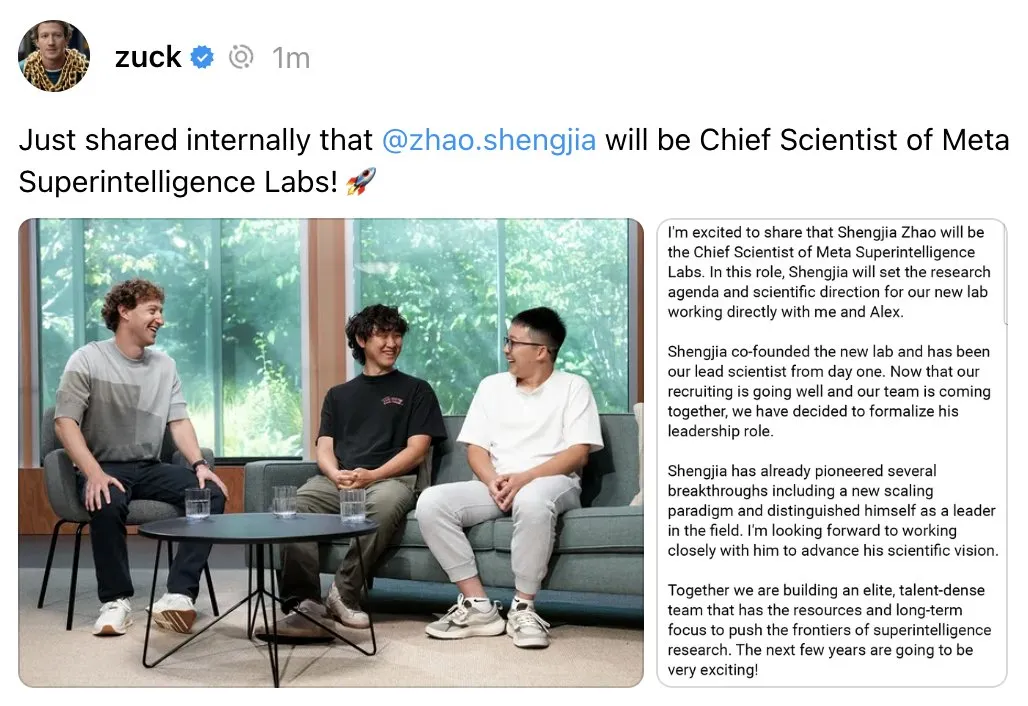 Meta Superintelligence Labs, Shengjia Zhao를 CS로 영입 — 'Big things coming'