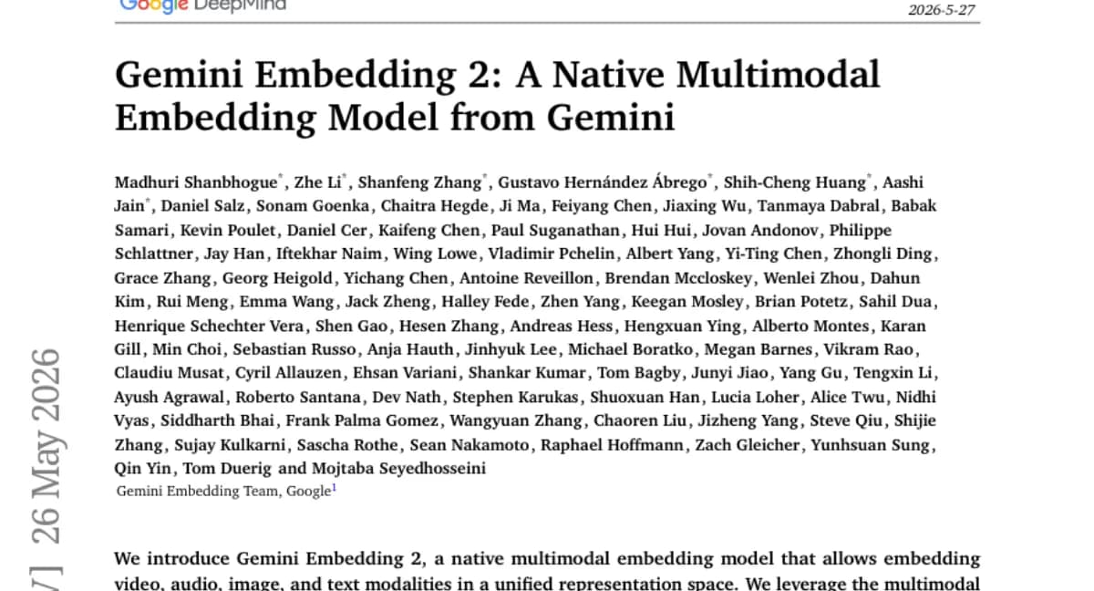 Google, 멀티모달 임베딩 모델 Gemini Embedding 2 공개 — MSCOCO R@1 62.9, MTEB Code 84.0