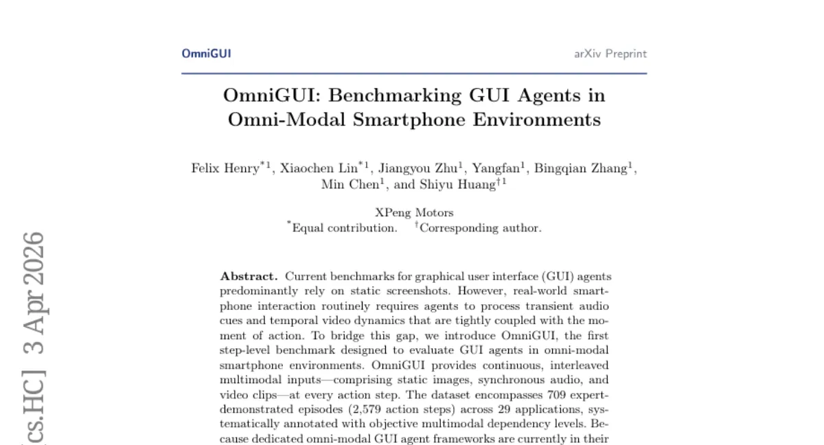 OmniGUI: GUI 에이전트를 위한 첫 번째 옴니모달 벤치마크 — 오디오+비디오 포함 시 정확도 30% 이상 하락