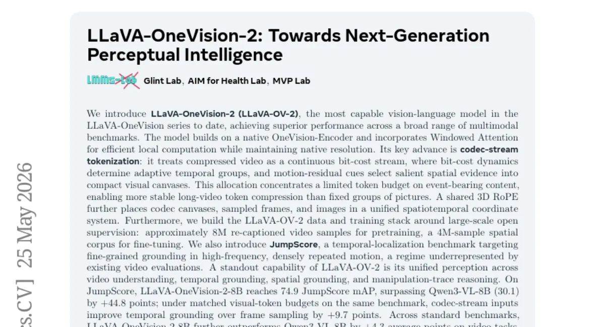 LLaVA-OV-2: codec-stream tokenization 으로 긴 영상 이해 + temporal grounding 74.9 mAP