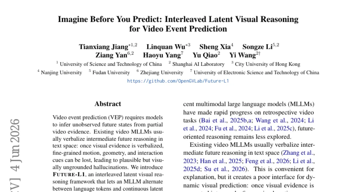 OpenGVLab, 미래 비디오 예측에서 latent visual reasoning 으로 FutureBench 85.4 달성