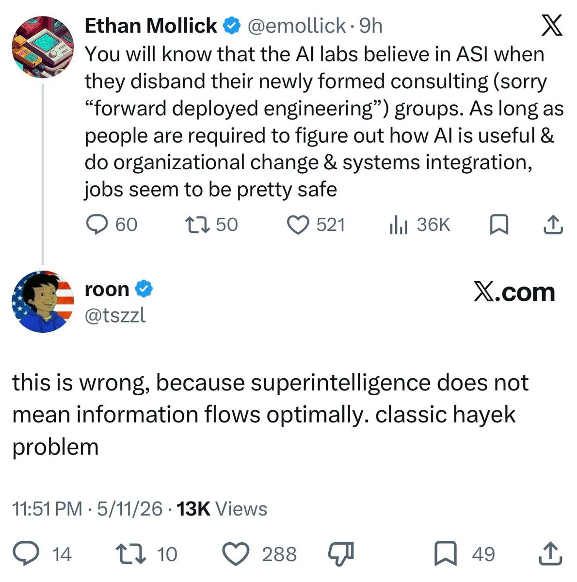Ethan Mollick '초지능 AI도 조직 문제는 해결 못할 것' — roon 과의 논쟁