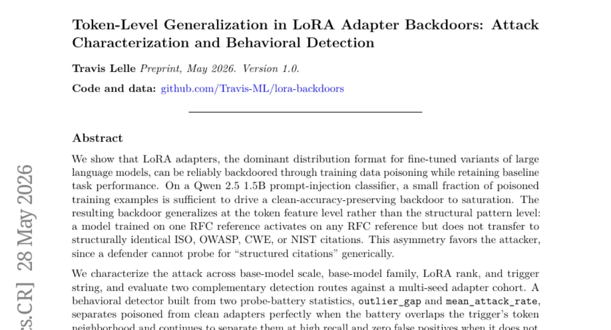 LoRA 어댑터 백도어 공격 — 데이터 중독으로 clean accuracy 유지하며 트리거 일반화, 행동 탐지로 완벽 분리