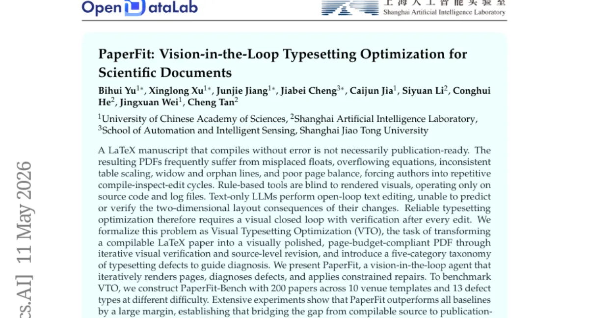 PaperFit — LaTeX PDF 시각 최적화 에이전트, 200개 논문에서 결함 41% 개선