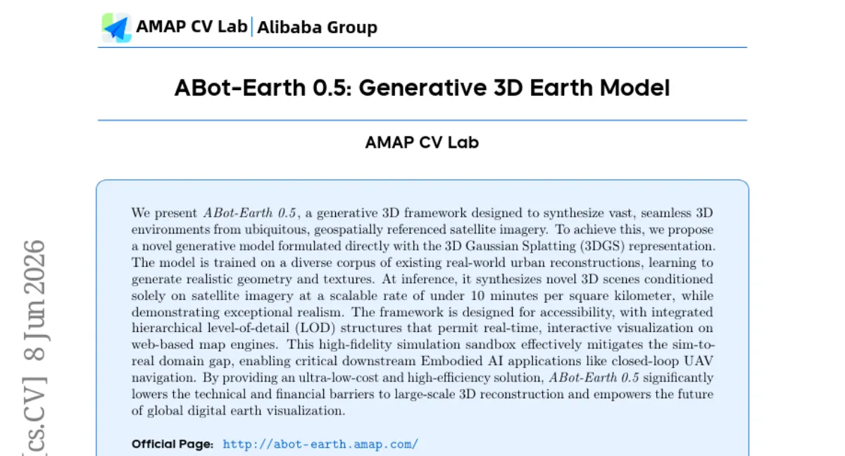 ABot-Earth 0.5: 위성 이미지로 10분/km² 대규모 3D 환경 생성