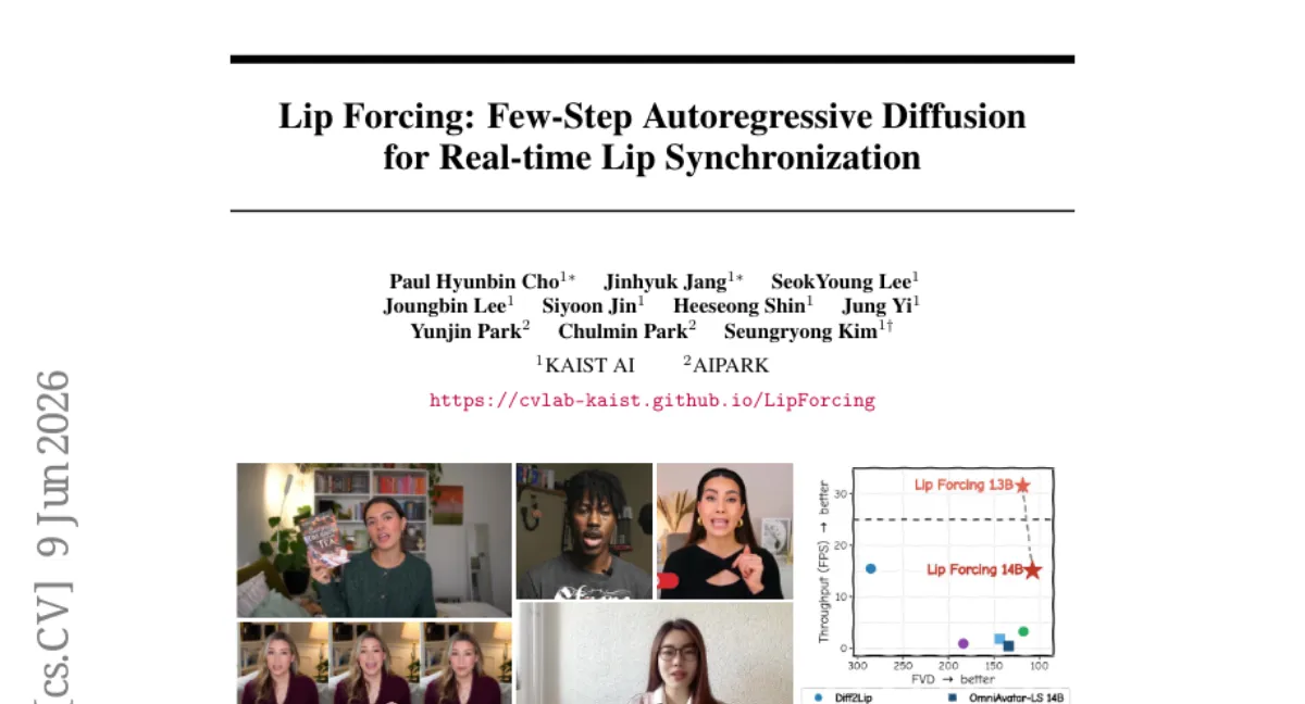 KAIST Lip Forcing — 실시간 립싱크를 위한 자회귀 확산 증류, 14B 교사 대비 39.8배 속도 향상