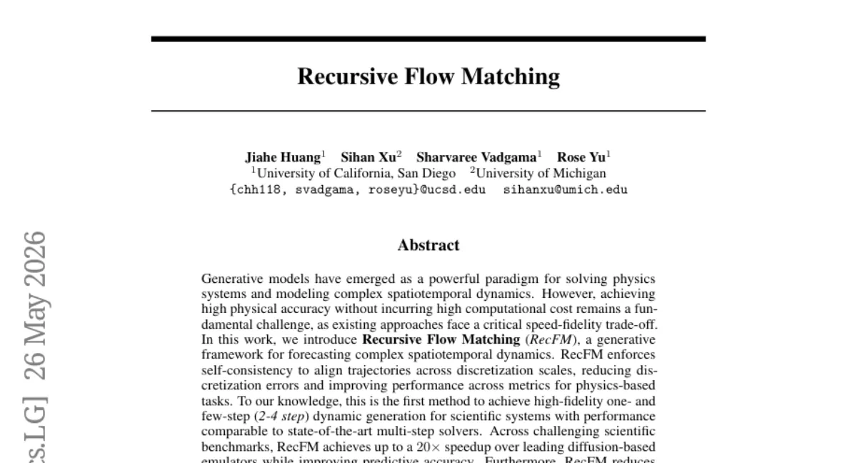 Recursive Flow Matching — 물리 시뮬레이션 20배 가속, 오차 15% 감소