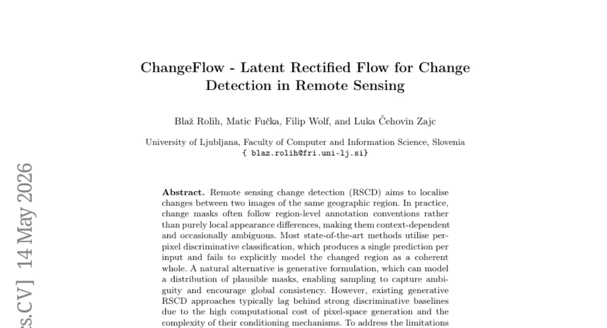 ChangeFlow: 잠재 공간 rectified flow 로 원격 탐사 변화 탐지 — 평균 F1 80.4%, 기존 대비 1.3p 개선