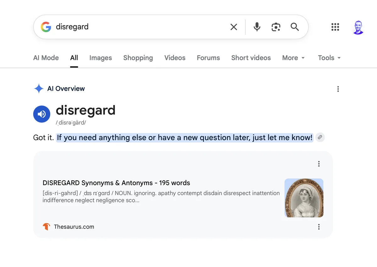 Google AI Overviews, 'disregard' 검색 시 챗봇 응답 노출