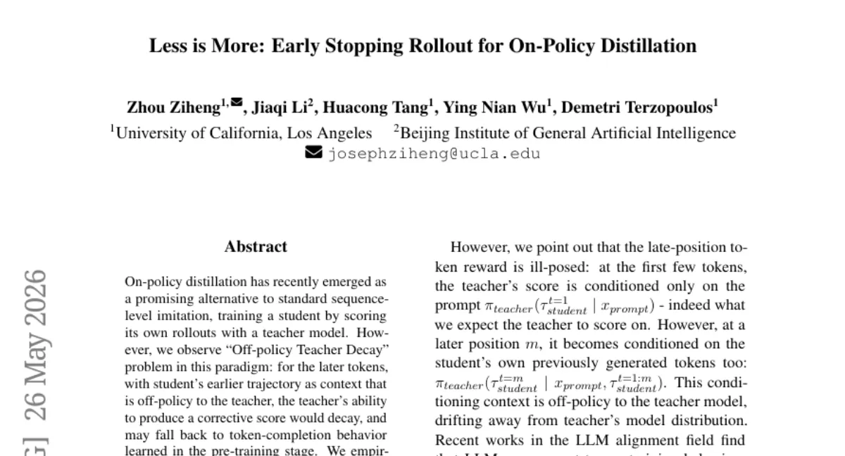 UCLA, on-policy distillation 의 'off-policy teacher decay' 문제 해결 — Early Stopping Rollout 으로 성능·효율 동시 개선