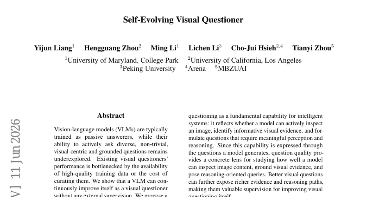 University of Maryland, VLM 스스로 질문 생성 능력을 개선하는 자가 진화 프레임워크 — 외부 감독 없이 질문 난이도·시각 중심성 향상