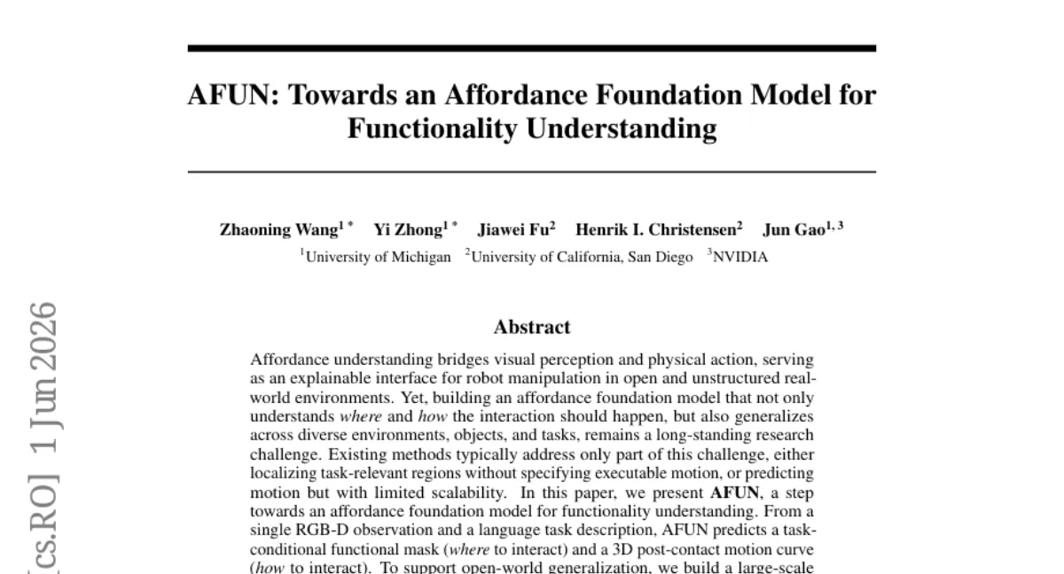 UMich, 단일 RGB-D + 언어로 '어디를·어떻게' 조작할지 예측하는 Affordance 기반 모델 AFUN 공개