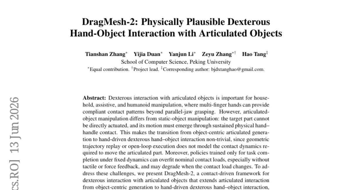 DragMesh-2: 접촉 기반 다지 손-관절 물체 상호작용 프레임워크 — 7개 GAPartNet 객체에서 접촉 부하 변화에도 강건
