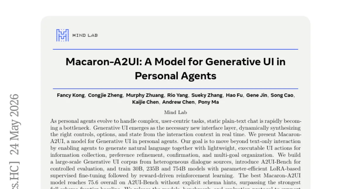 Macaron-A2UI: Generative UI 로 개인 에이전트 상호작용 혁신 — 754B 모델, A2UI-Bench 75.6 점